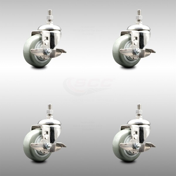 Service Caster 3.5 Inch 316SS Gray Polyurethane Swivel 10mm Threaded Stem Caster Set Brake SCC-SS316TS20S3514-PPUB-TLB-M1015-4 - main